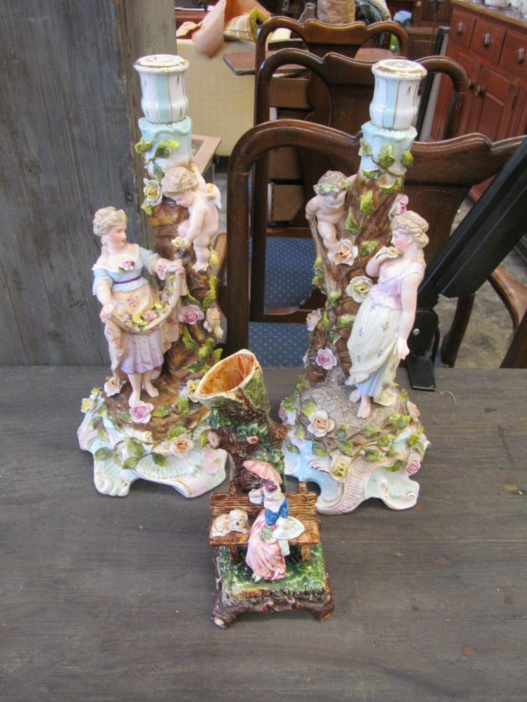 Pair German Porcelain Candlesticks & Bisque Spill Vase