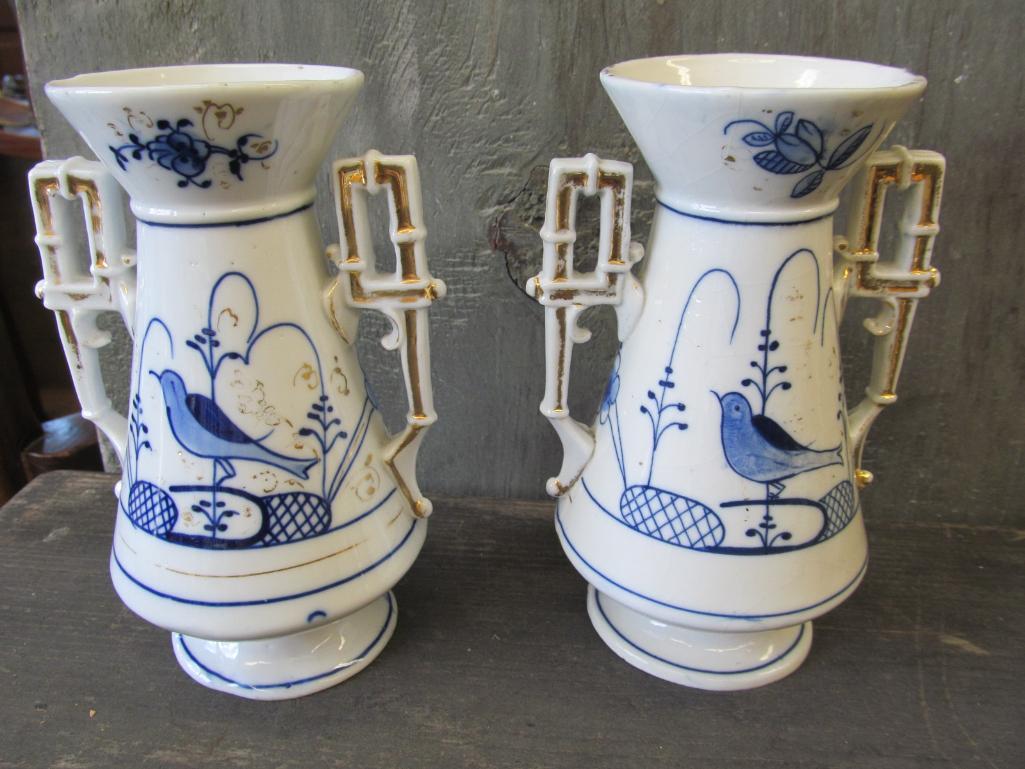 Pair Blue & Gold Decorated 6.5" Vases