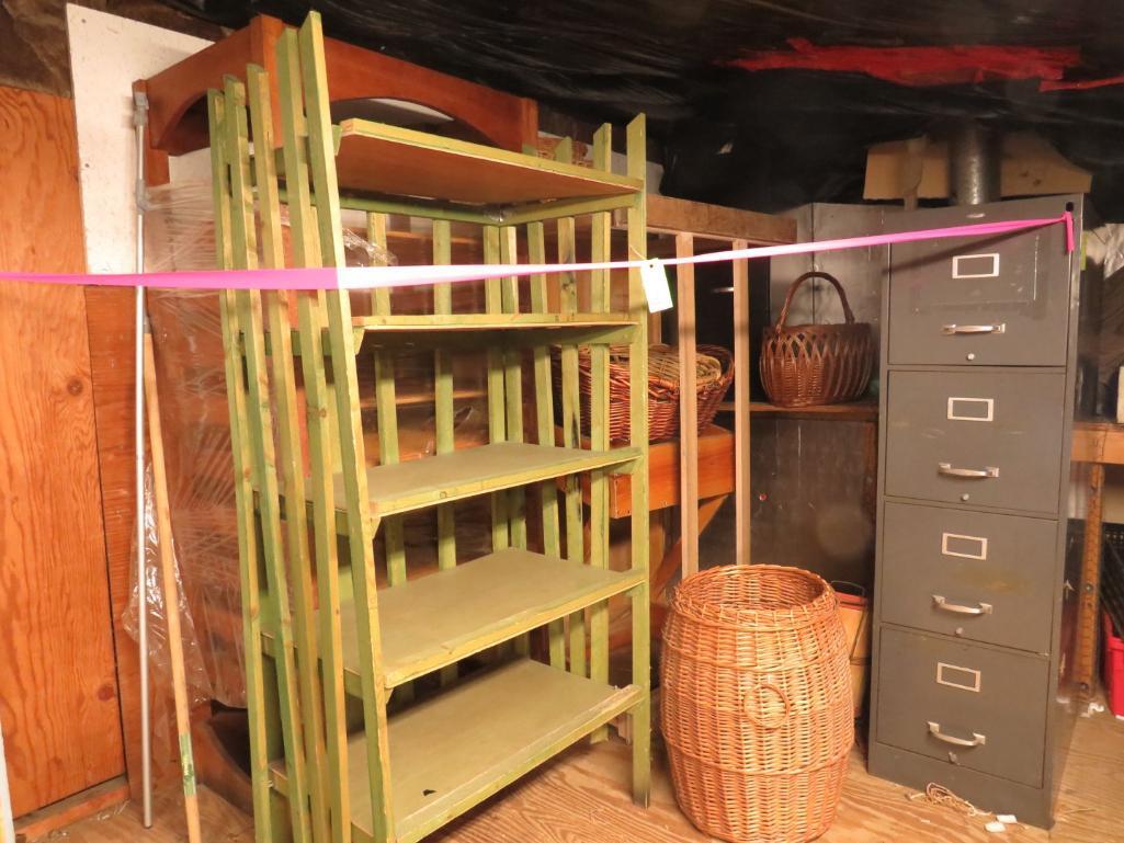 Wooden Shelves, Baskets, Filing Cabinet, Etc.