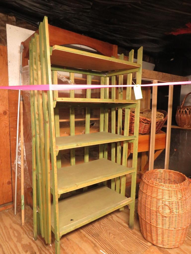 Wooden Shelves, Baskets, Filing Cabinet, Etc.