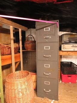 Wooden Shelves, Baskets, Filing Cabinet, Etc.