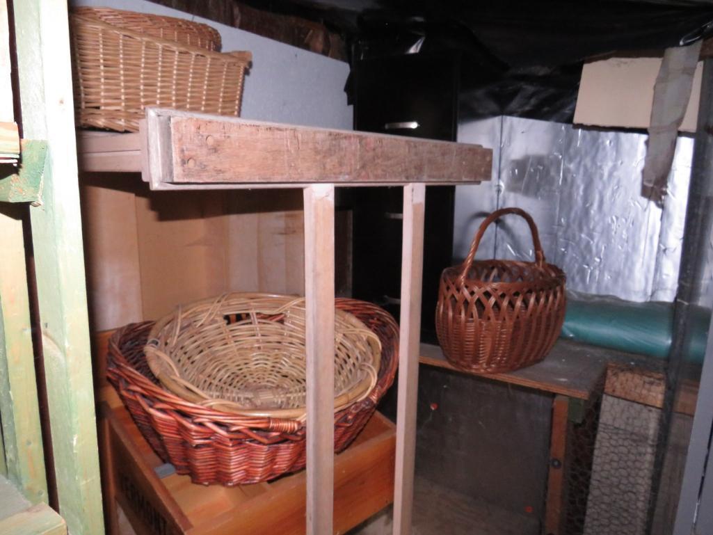 Wooden Shelves, Baskets, Filing Cabinet, Etc.