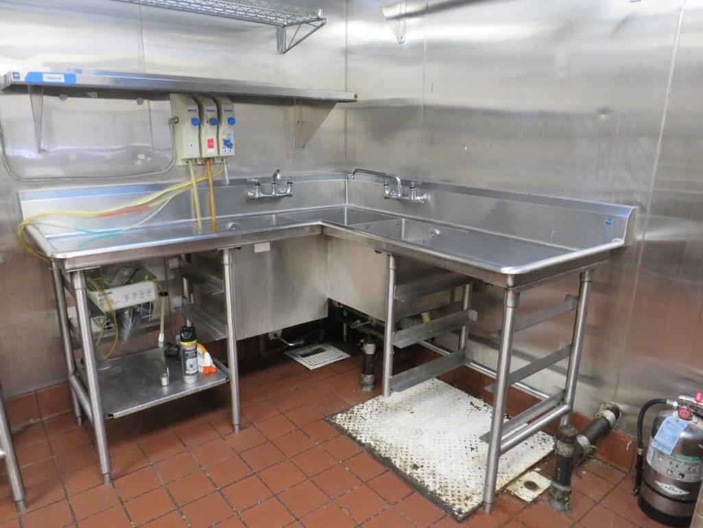 3-Bay 2-Faucet SS Right-Angle Dish Sink