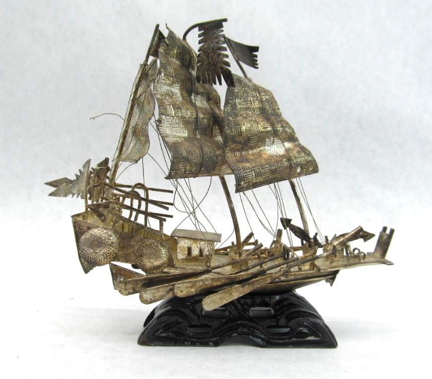Chinese Junk/Ship Silver? on Carved Stand