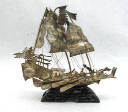 Chinese Junk/Ship Silver? on Carved Stand