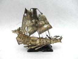 Chinese Junk/Ship Silver? on Carved Stand