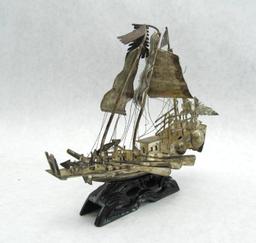 Chinese Junk/Ship Silver? on Carved Stand