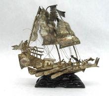 Chinese Junk/Ship Silver? on Carved Stand