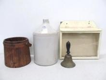 Stoneware Jug, Firkin & School Bell
