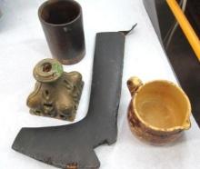 Primitive Boot Mold, Wooden Tankard,