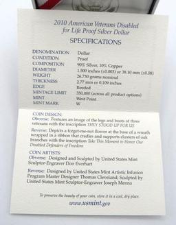 2010 U.S. American Veterans Disabled for Life Proof Silver Dollar