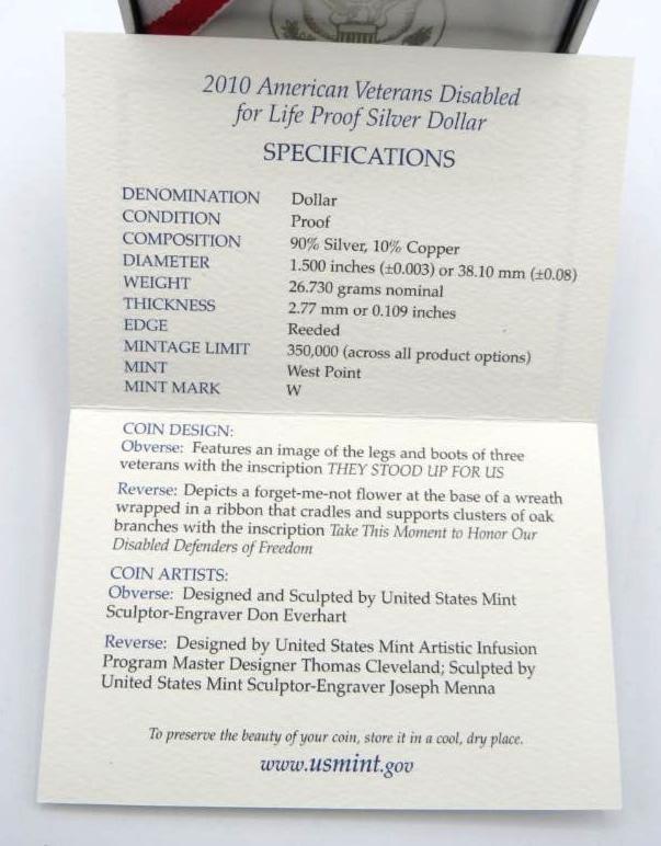 2010 U.S. American Veterans Disabled for Life Proof Silver Dollar