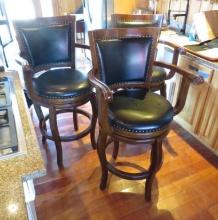 (3) Wood & Leather Swivel Bar Stools