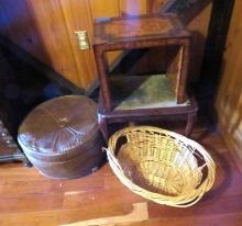 (2) End Tables, (1) Woven Basket & (1) Round Ottoman