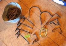 Asst. Wrought Iron Wall Hooks & Bucket of Railroad Spikes