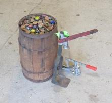 Wood Nail Keg of Bottle Caps & Capping Tool