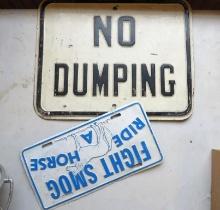 Enamel Iron "No Dumping" Sign & "Ride A Horse" License Plate