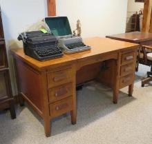Oak Double-Pedestal Desk w/ Hidden Typewriter Compartment