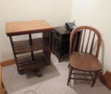 Mission Style Revolving Oak Bookcase, Record Cabinet, & Side Chair