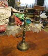 Art Deco Brass Lamp w/Frosted Petal Shades