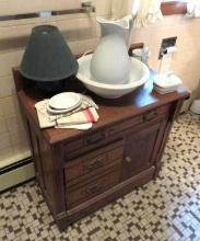 Oak Commode Wash Basin & Pitcher