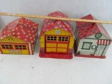 (3) Tin Litho Garages w/Working Doors