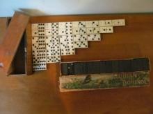 Nice Full Set of Bone & Ebony Dominoes w/Wood Slide Top Box