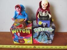 (2) Plastic Halloween Theme Banks w/Boxes