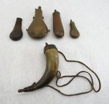 (5) Pcs. Antique Powder Horn & Flasks