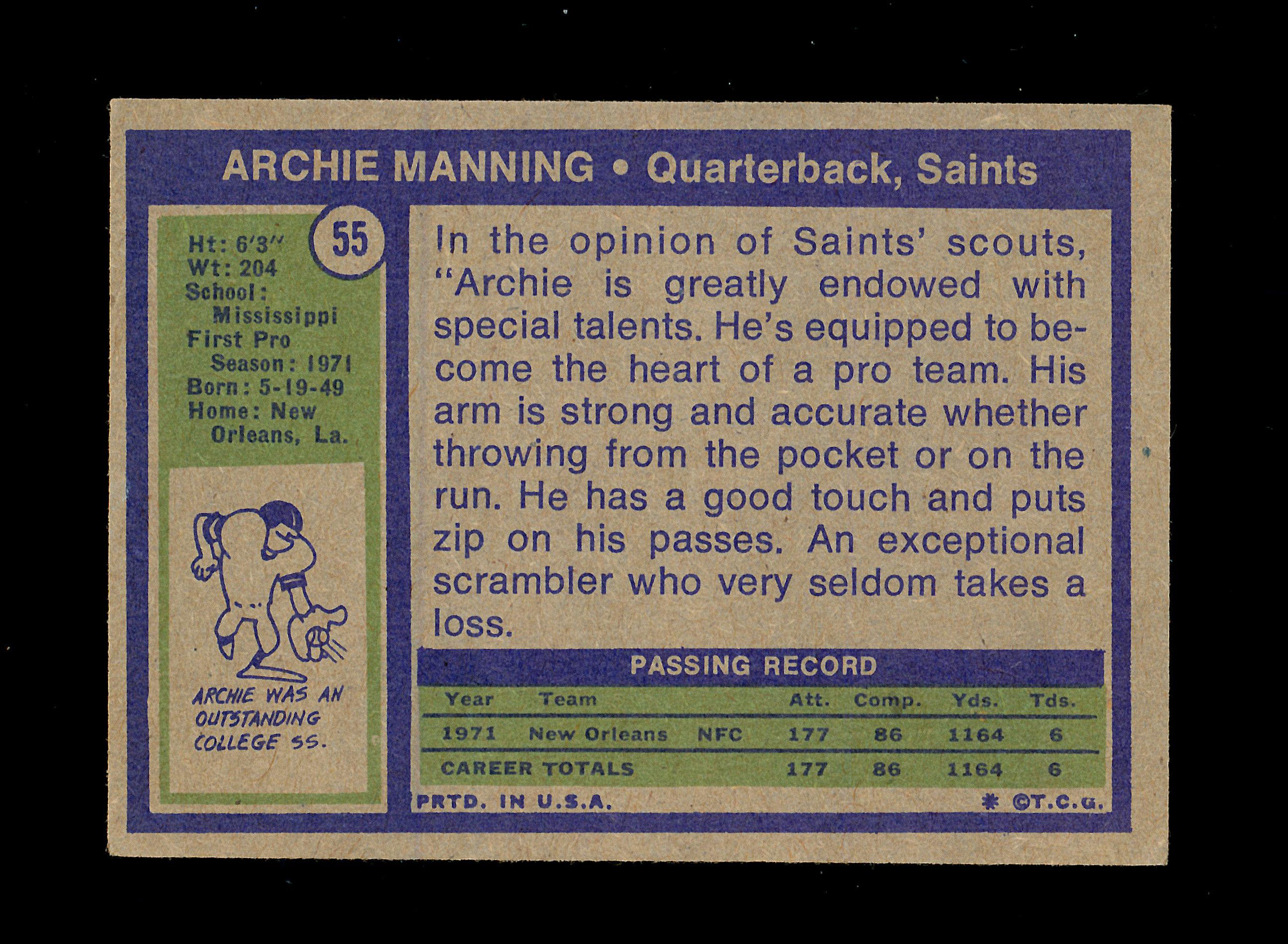 1972 Topps ROOKIE Football Card #55 Rookie Archie Manning New Orleans Saint