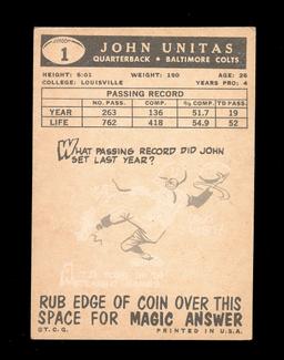 1959 Topps Football Card #1 Hall of Famer John Unitas Baltimore Colts. EX t