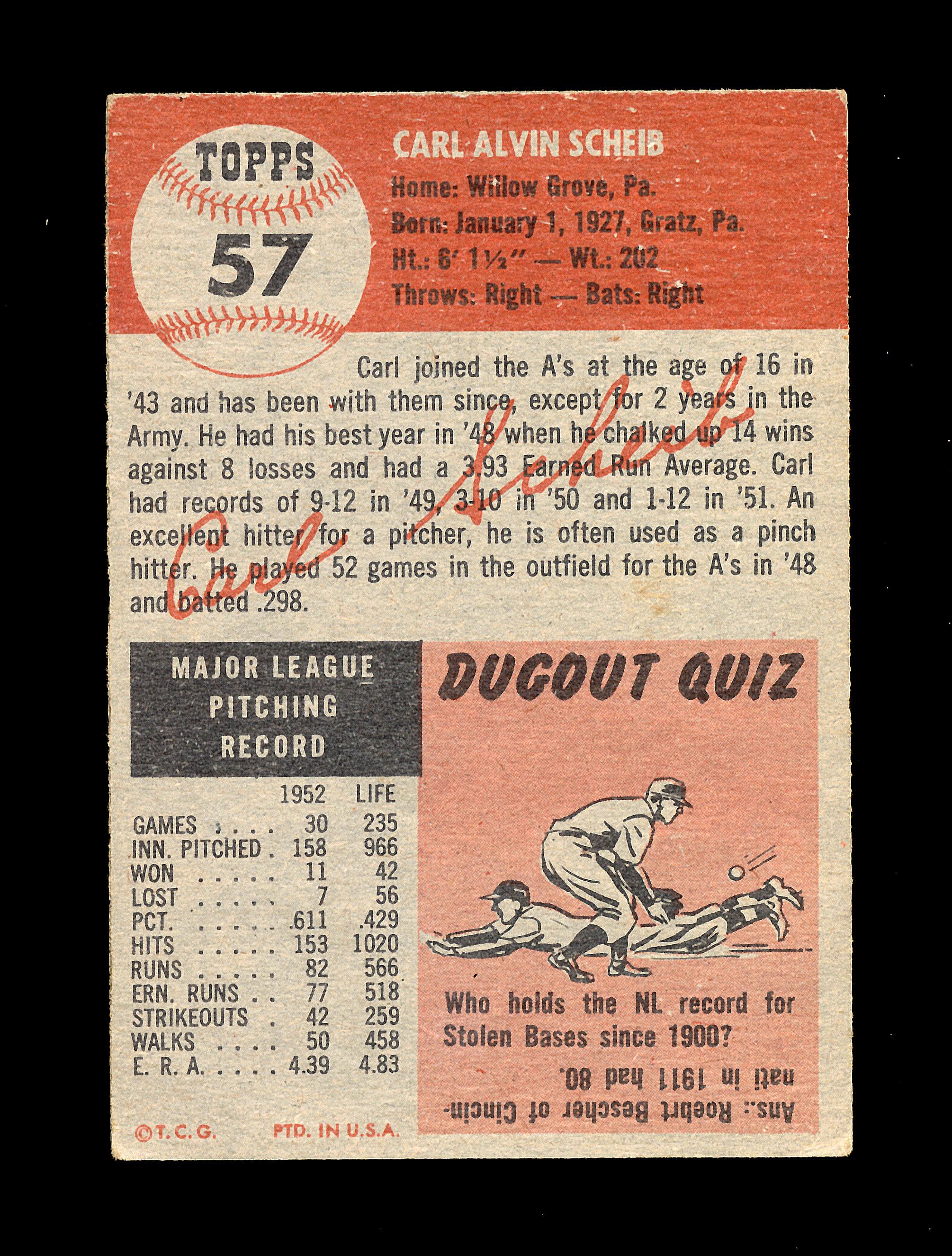 1953 Topps Baseball Card Short Print #57 Carl Scheib Philadelphia Athletics