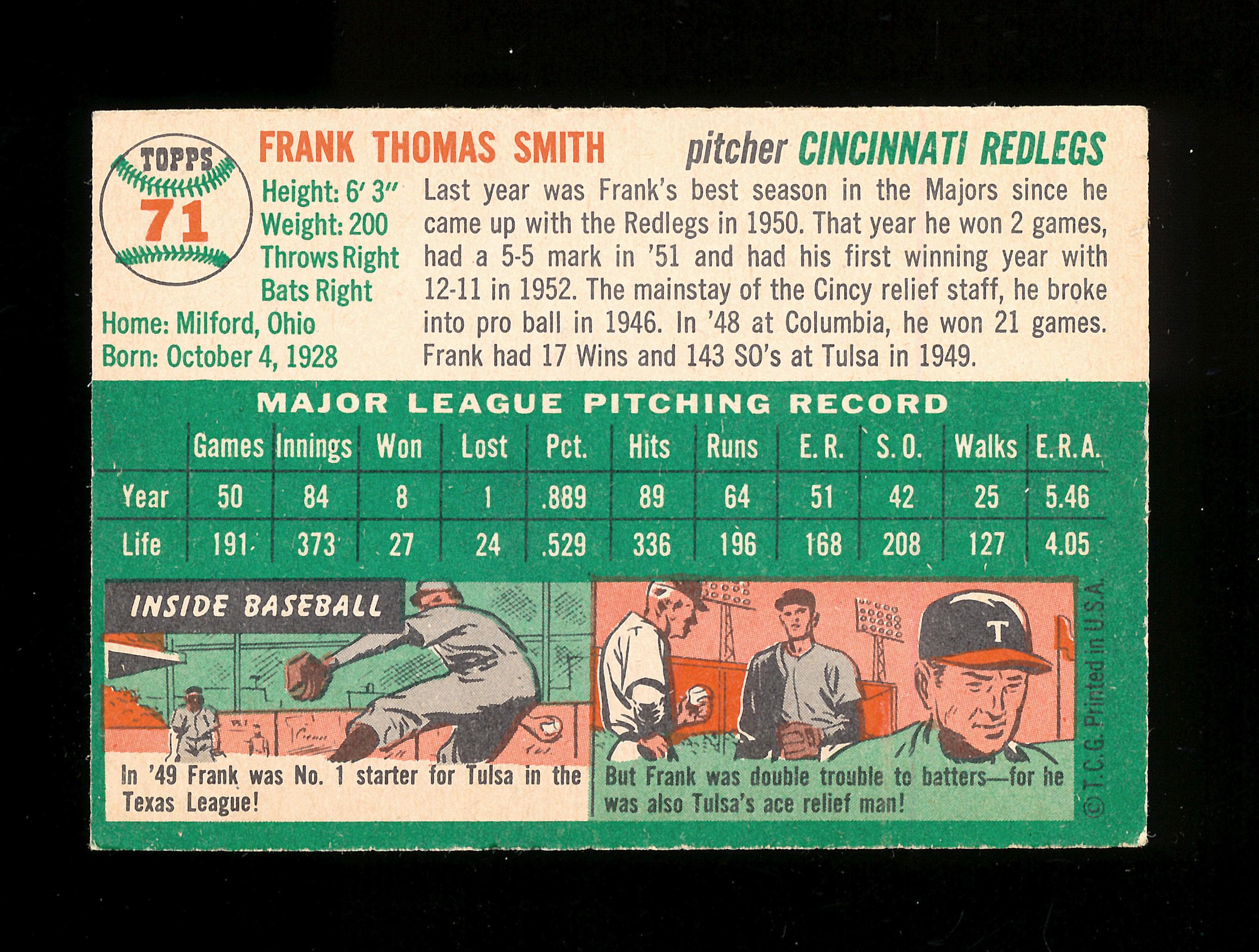 1954 Topps Baseball Card #71 Frank Smith Cincinnati Reds. EX to EX-MT+ Cond