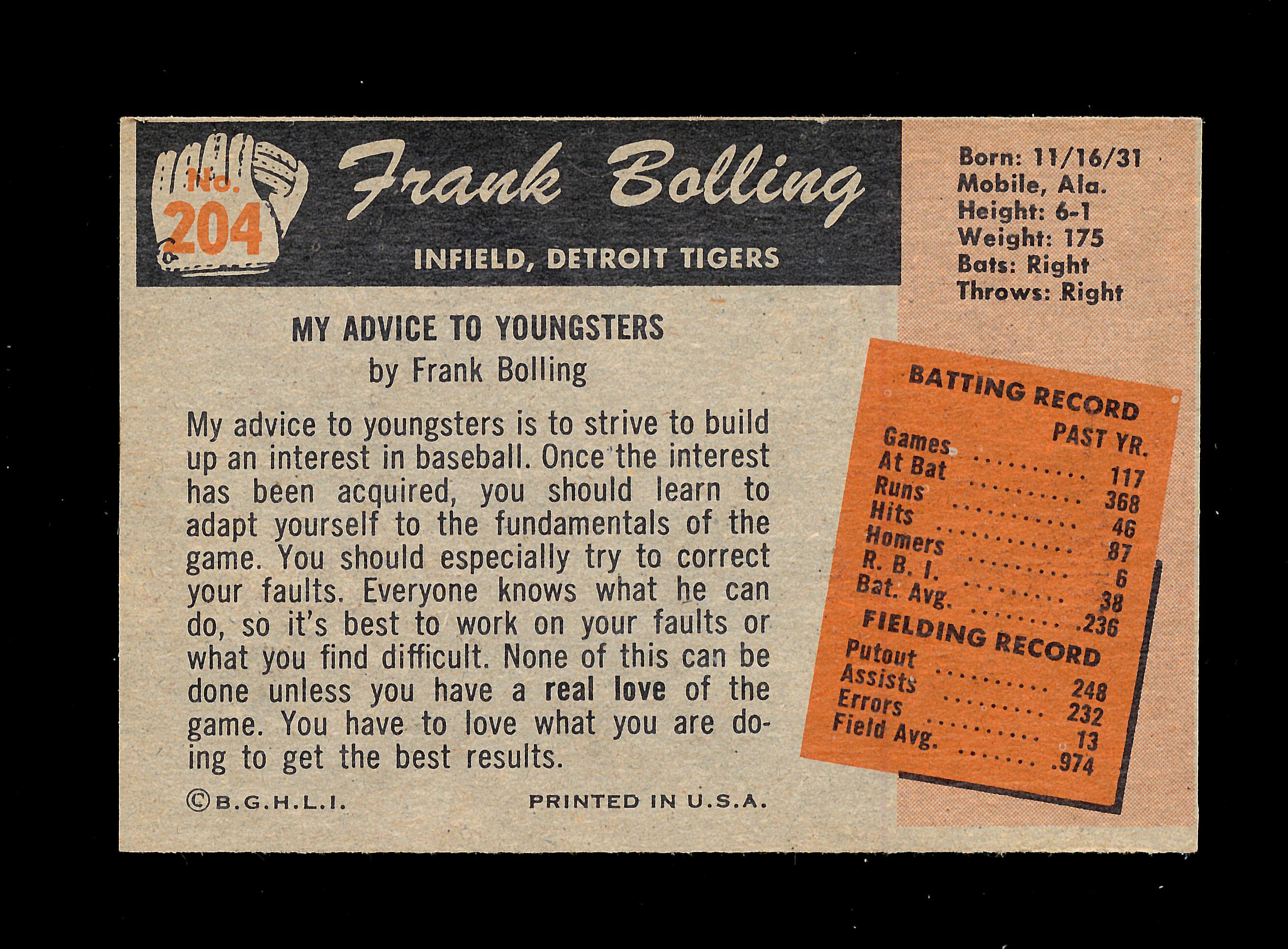 1955 Bowman Baseball Card #204 Frank Bolling Detroit Tigers. EX to EX-MT+ C