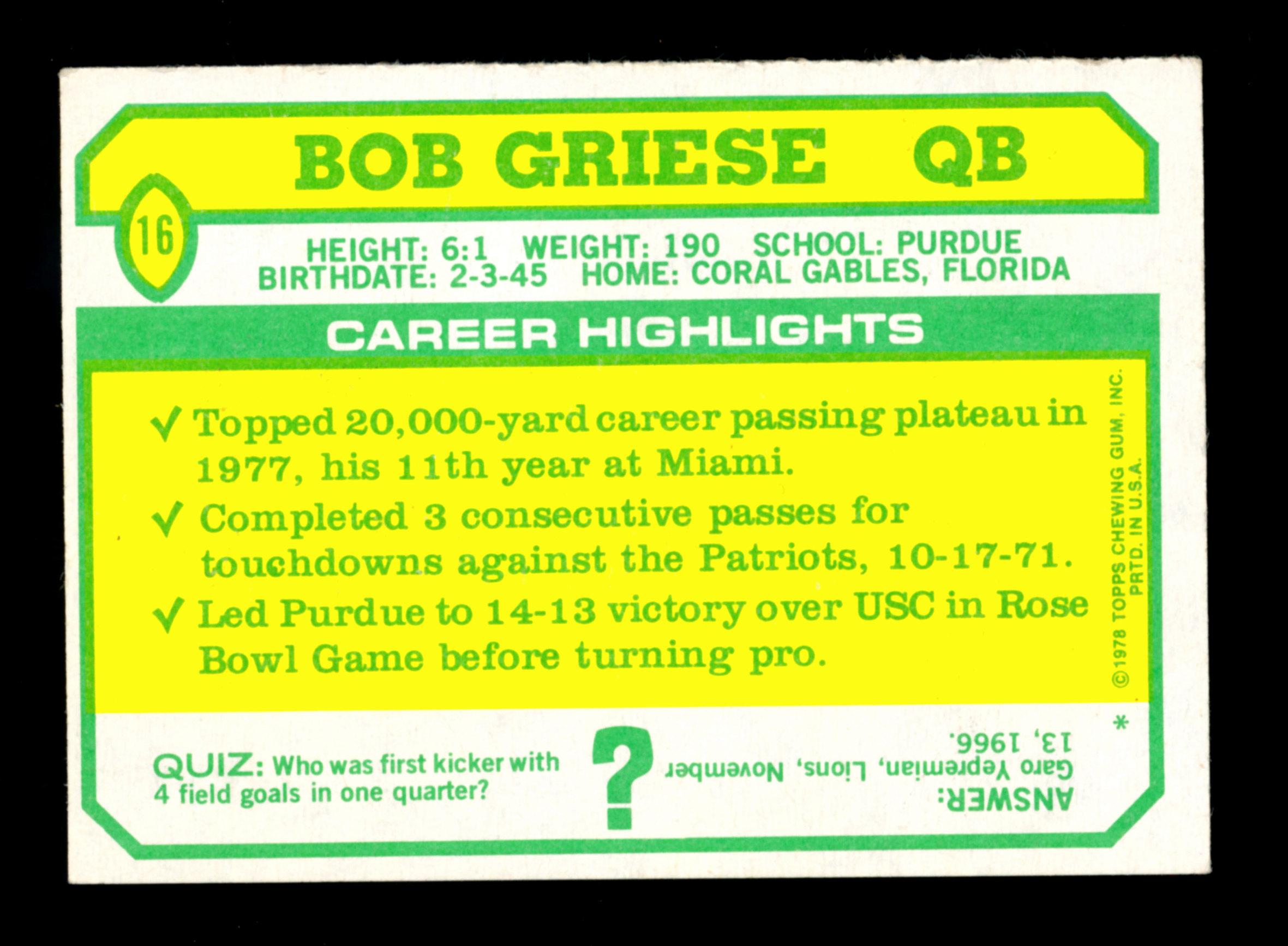 1978 Holsum Bread Football Card #16 Hall of Famer Bob Griese Miami Dolphins