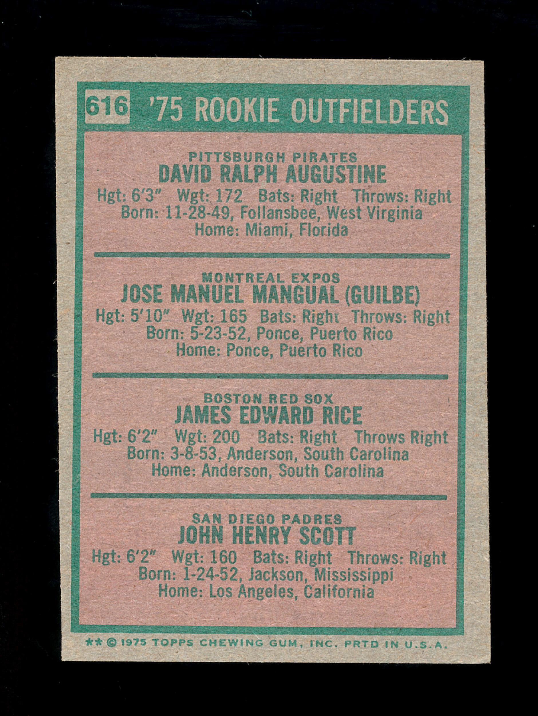 1975 Topps Baseball Card #616 Rookie Outfielders Jim Rice-John Scott-Dave-A