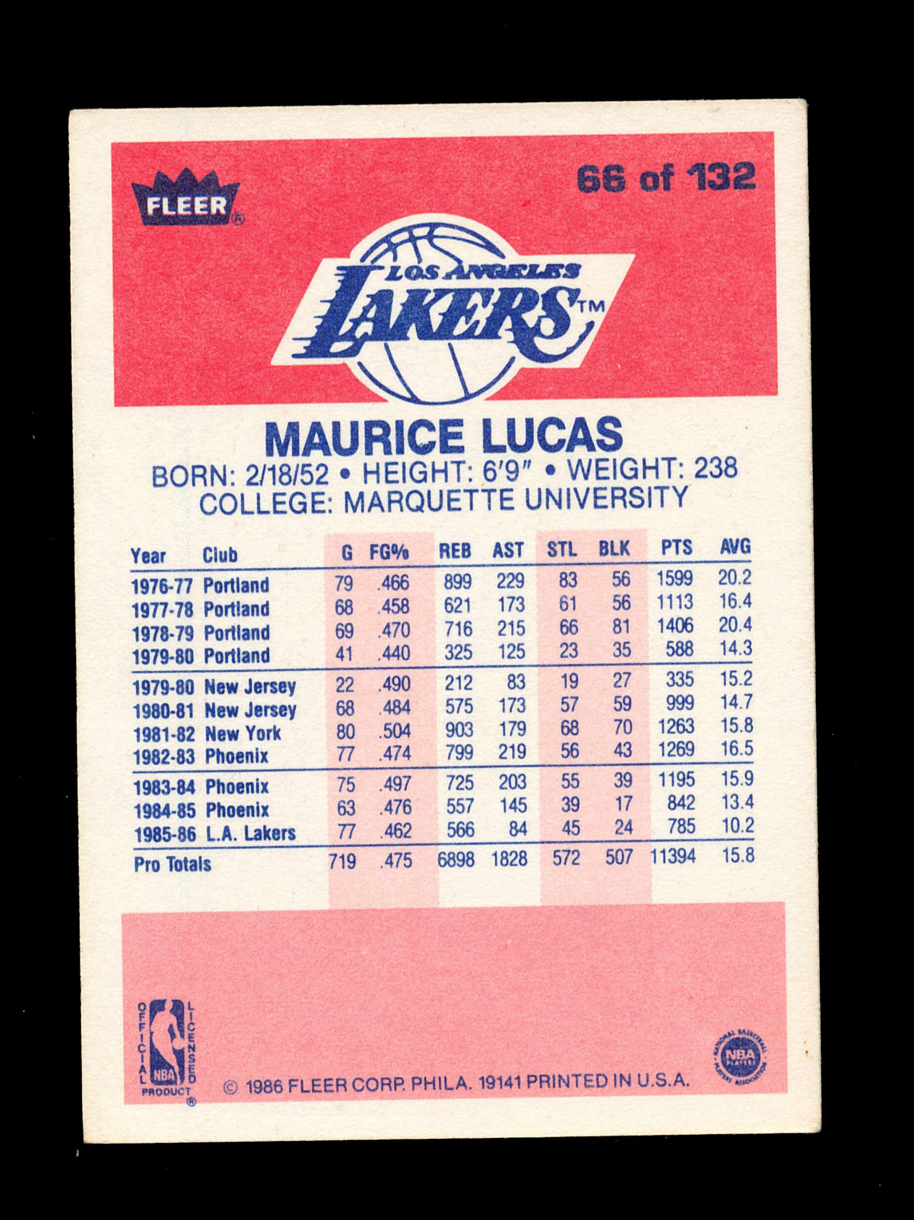 1986 Fleer Basketball Card #66 of 132 Maurice Lucas Los Angeles Lakers