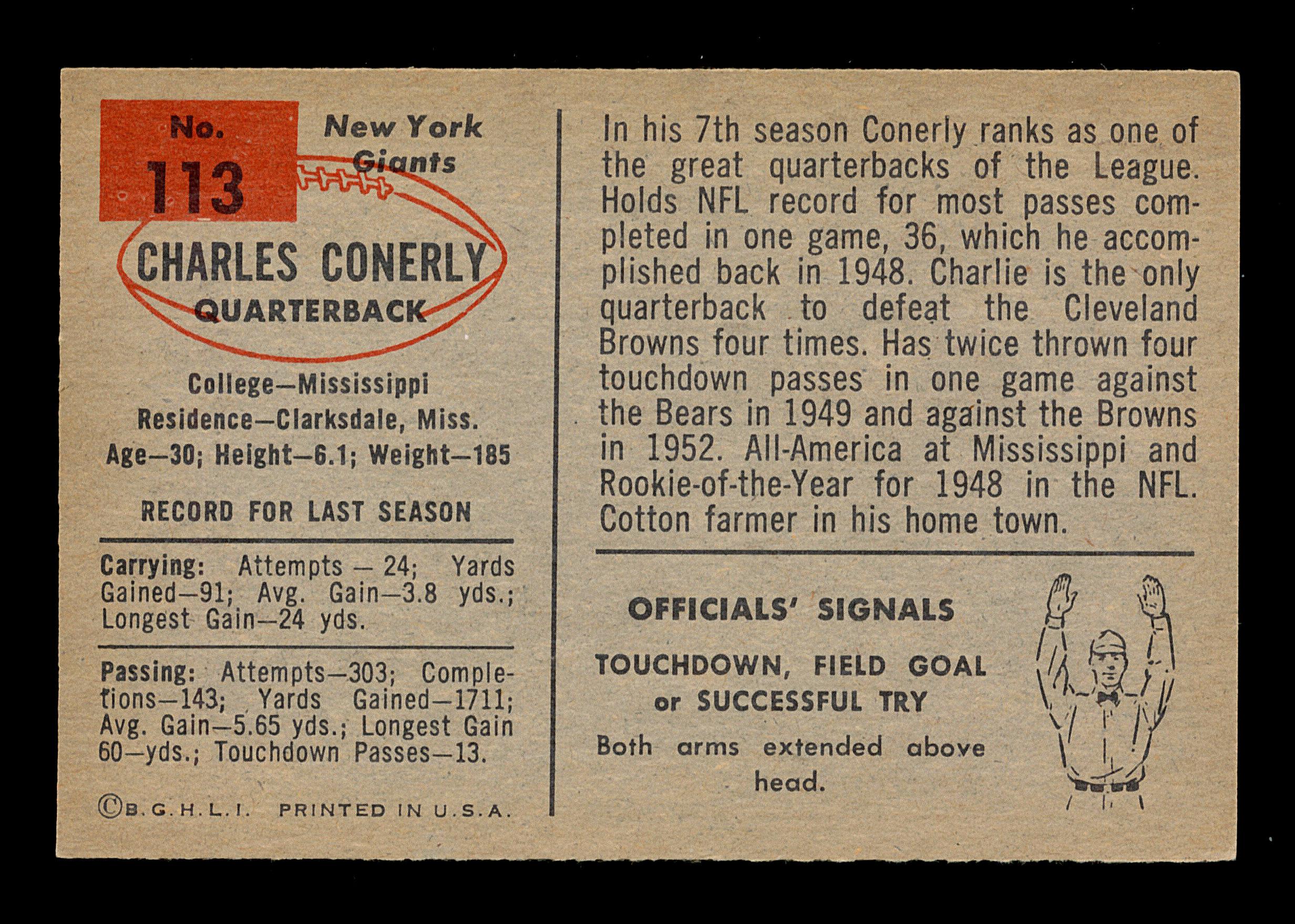 1954 Bowman Football Card #113 Charley Conerly New York Giants
