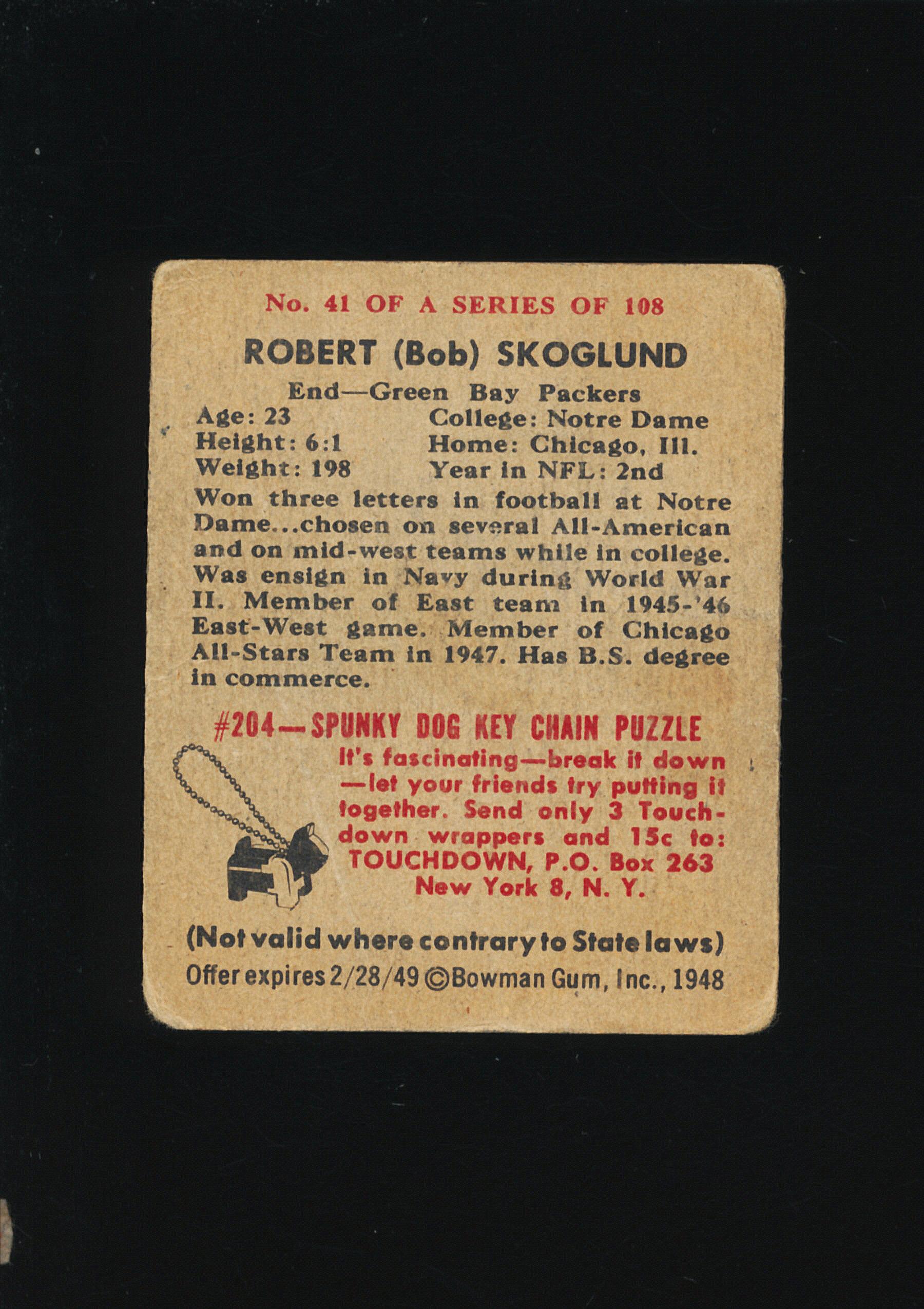 1948 Bowman Football Card #41 Robert Skogland Green Bay Packers