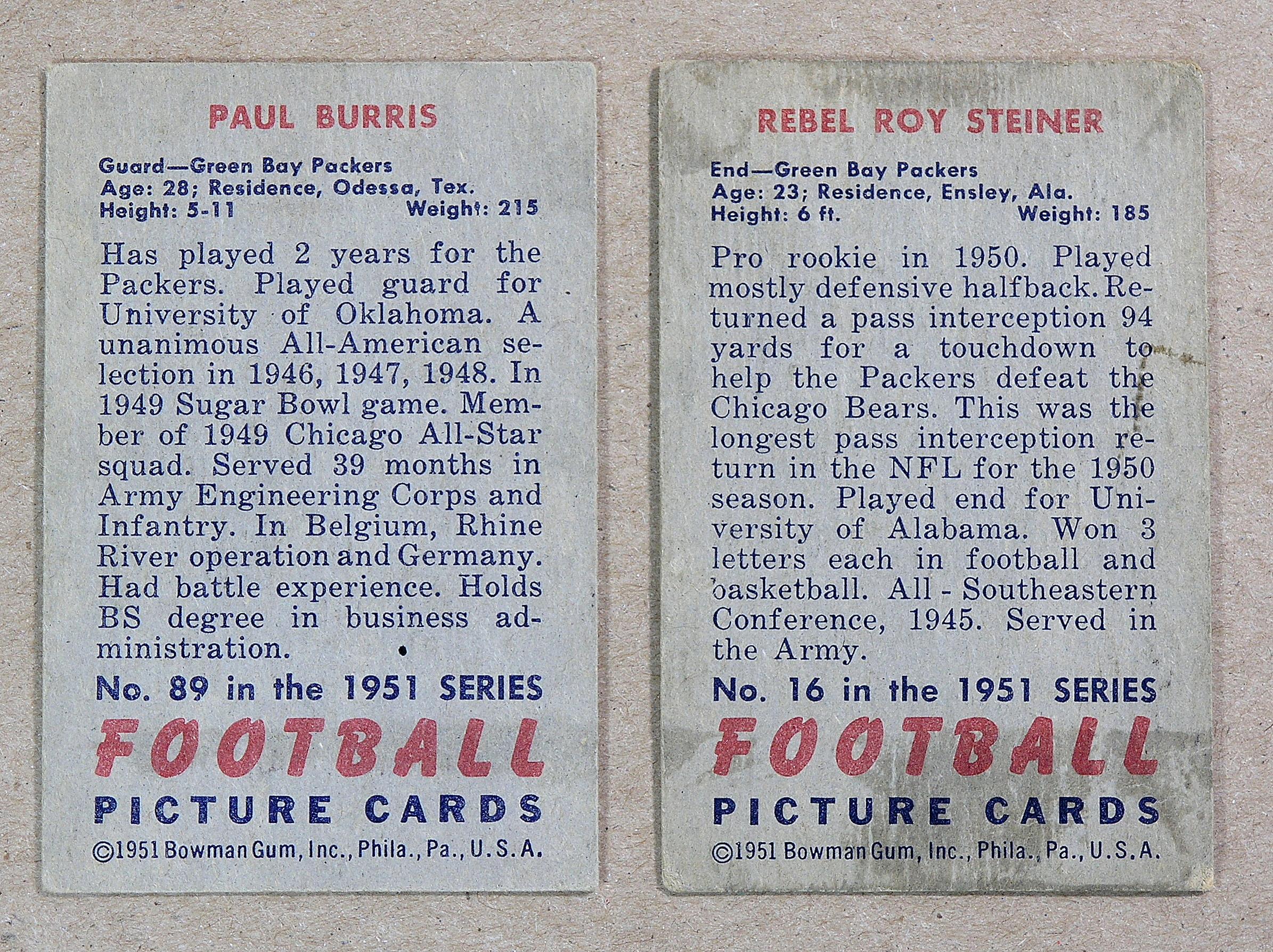 (2) 1951 Bowman Football Cards #16 Reel Steiner Gree Bay Packers & #89 Paul