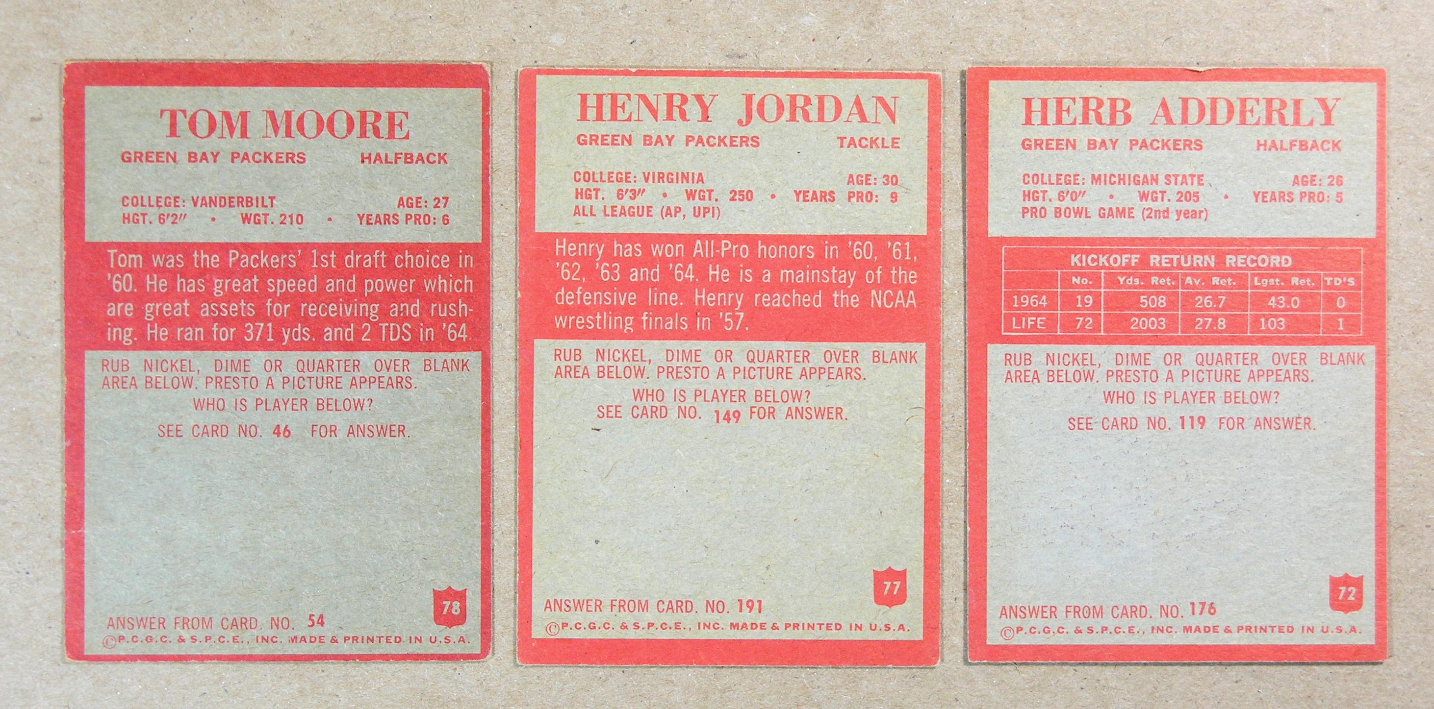 (3) 1965 Philadelphia Green Bay Packer Football Cards