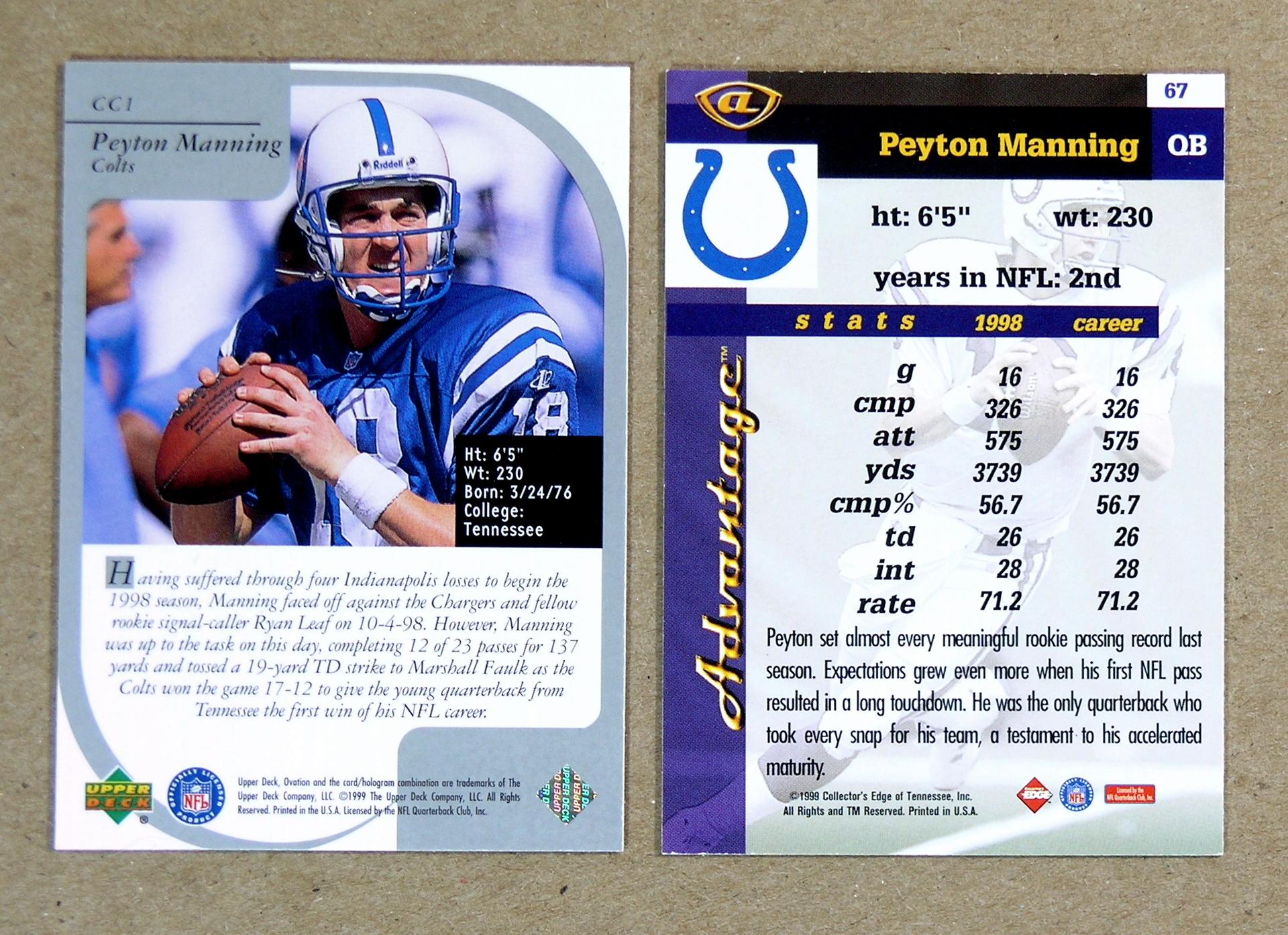 (5) 1999 (2nd Year) Peyton Manning Football Cards