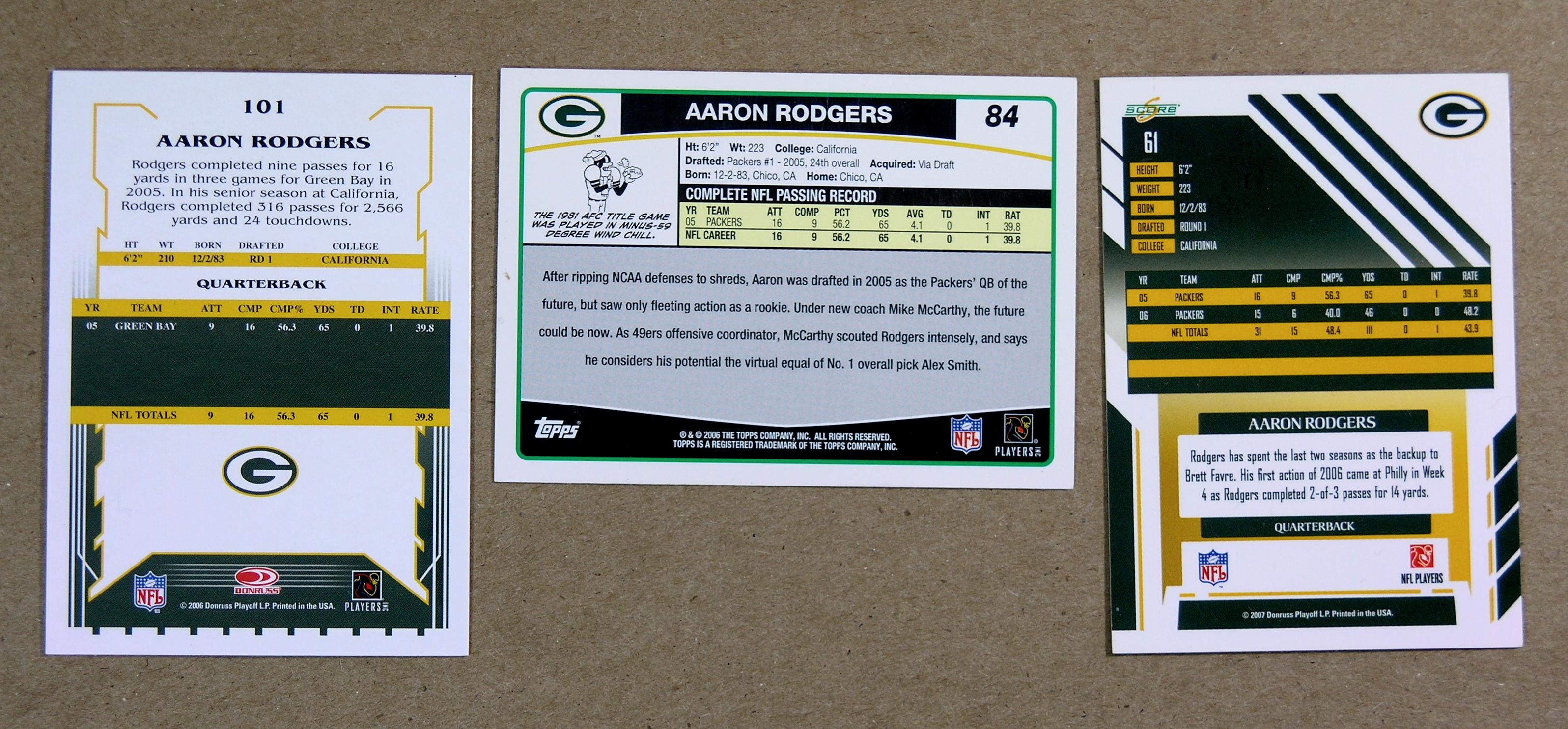 (5) 2006 (2nd Year) Aaron Rodgers Football Cards