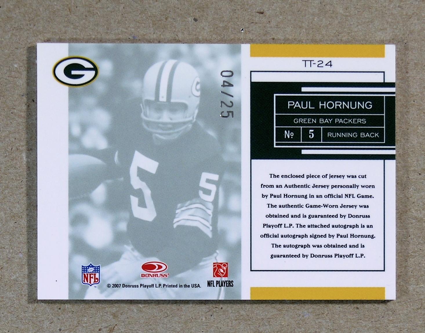 2007 Donruss AUTOGRAPHED-GAME WORN JERSEY Football Card #TT-24 Paul Hornung