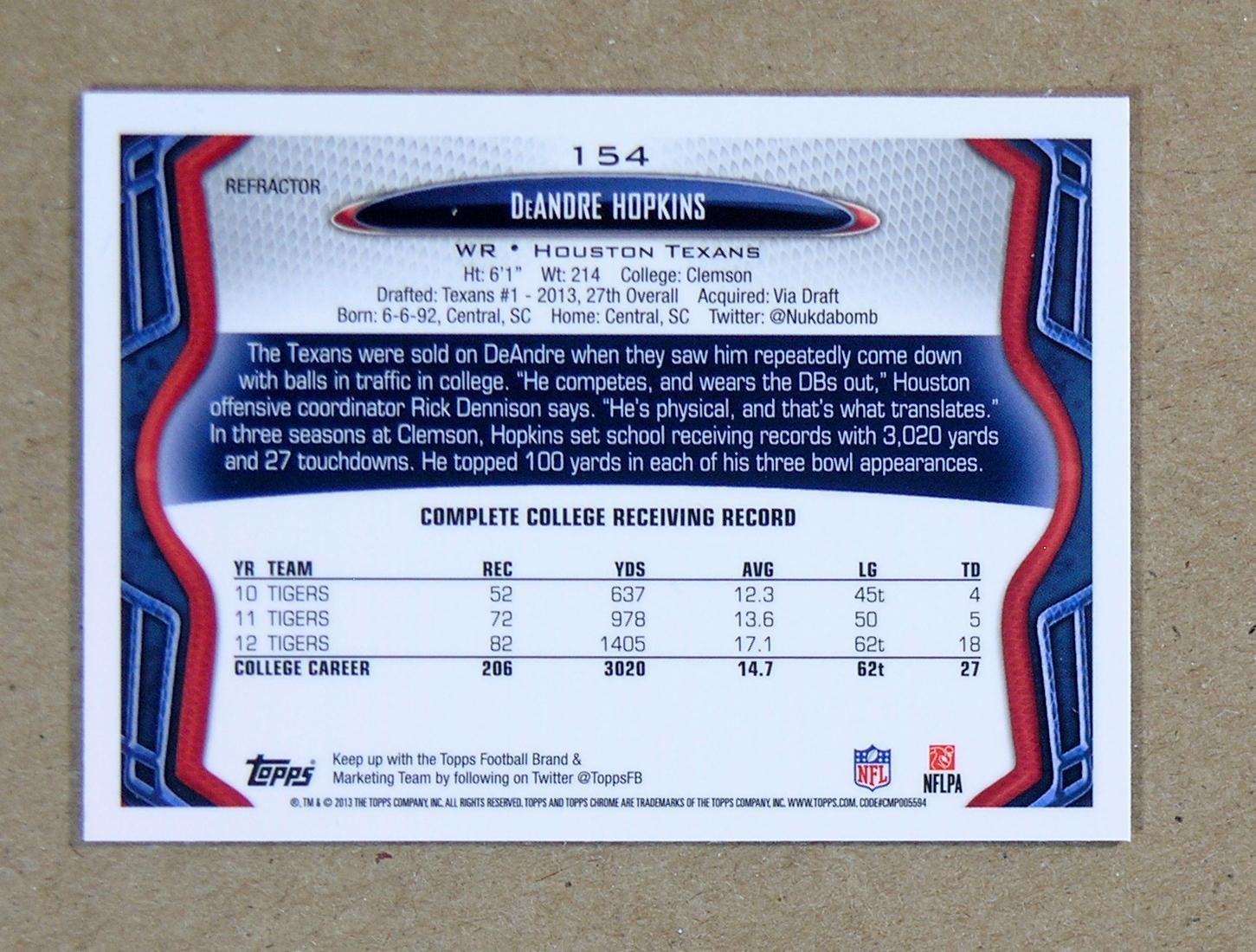 2013 Topps Chrome Refractor ROOKIE Football Card #154 Rookie DeAndre Hopkin