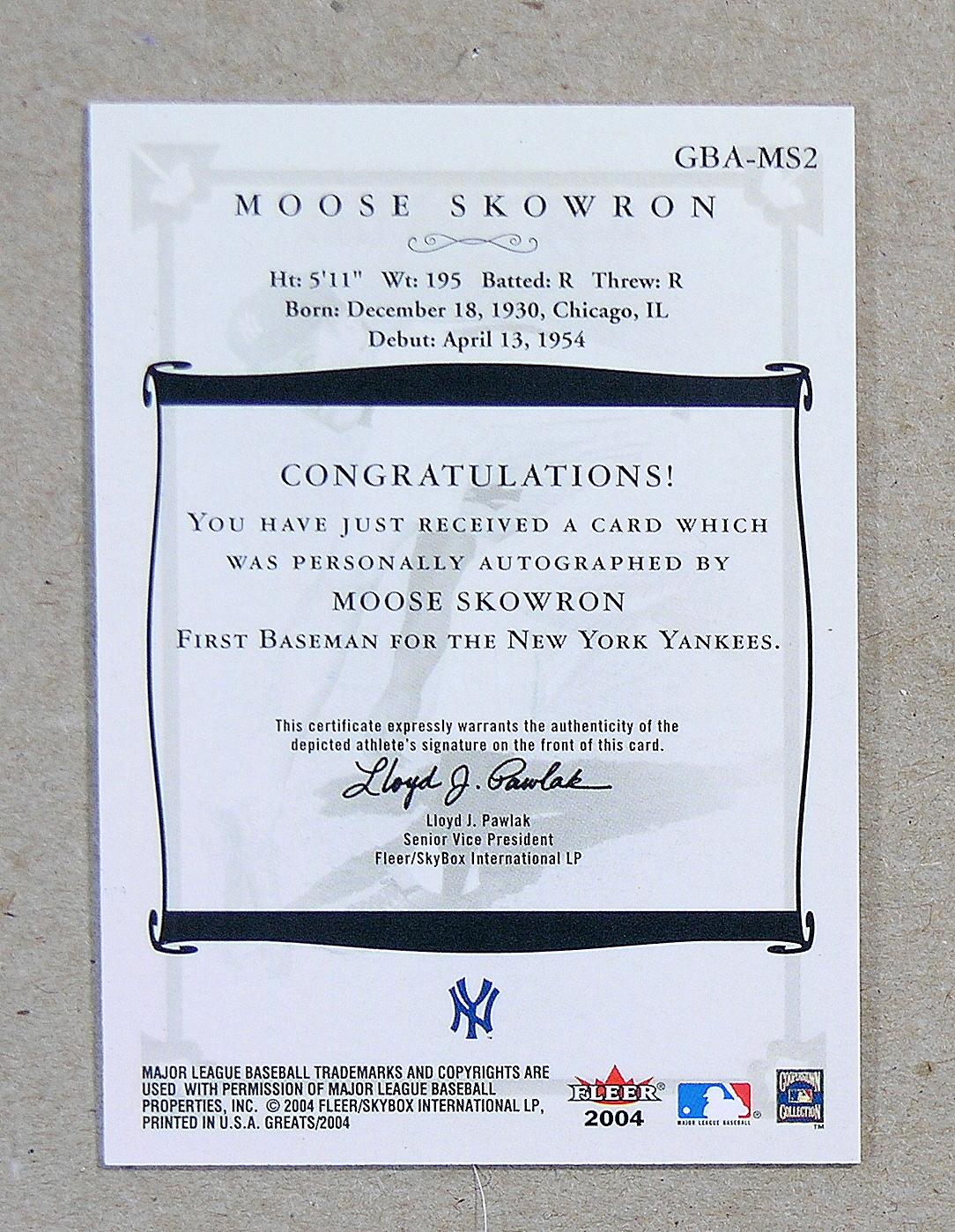 2004 Fleer AUTOGRAPHED Baseball Card #GBA-MS2 Moose Skowron New York Yankee