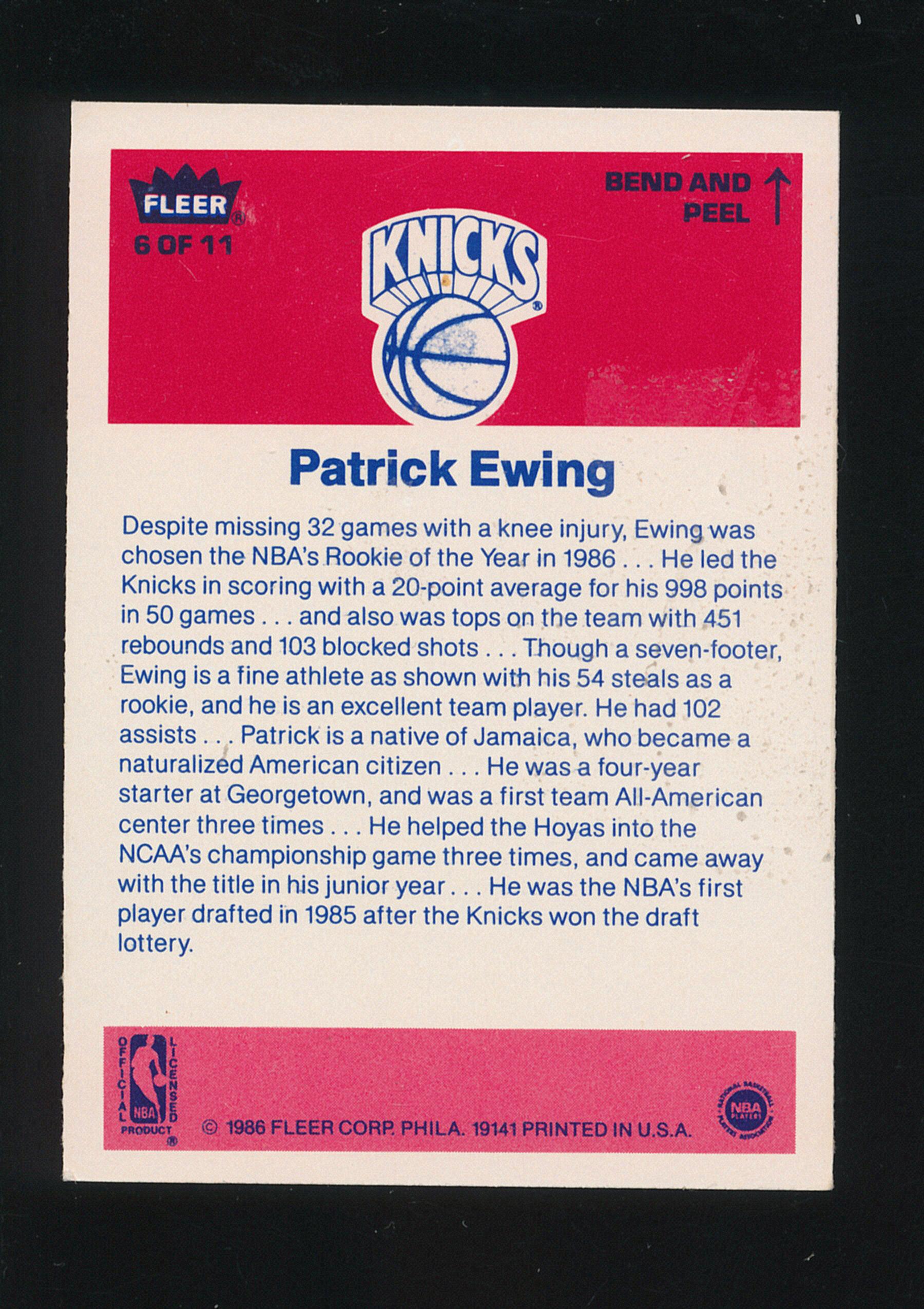1986 Fleer ROOKIE Basketball Sticker #8 of 11 Rookie Patrick Ewing New York