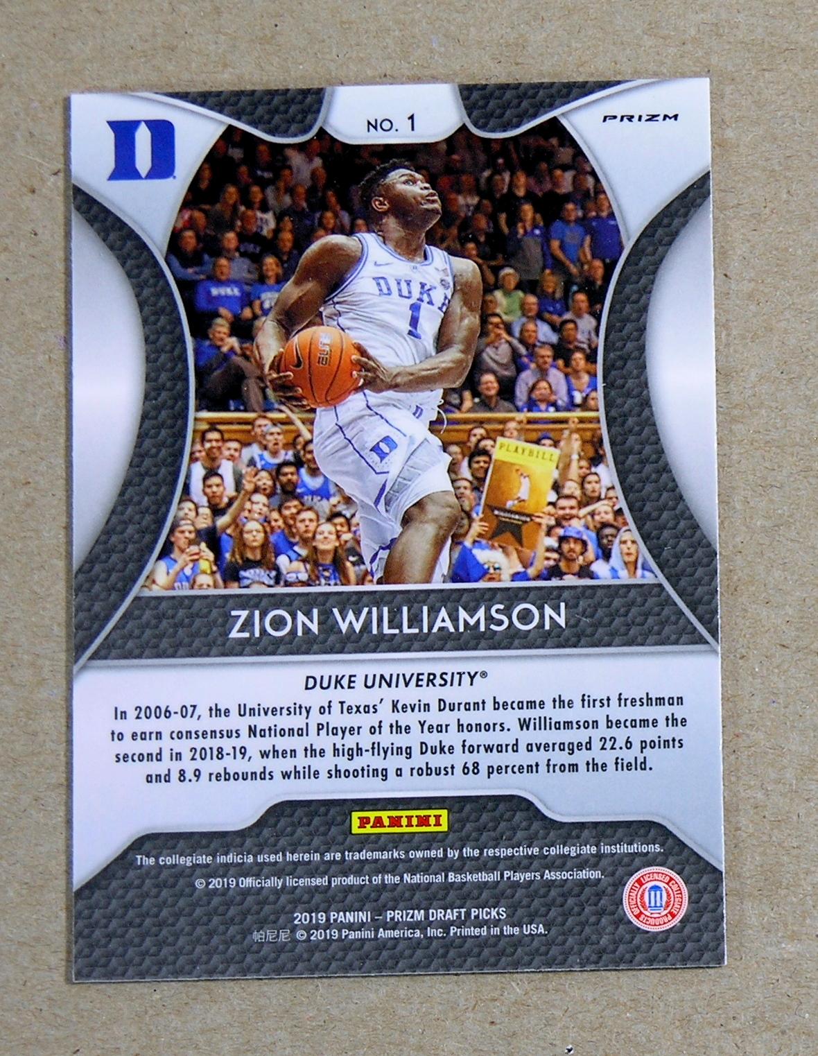 2019 Panini Prizm ROOKIE Basketball Card #1 Rookie Zion Williamson Duke Uni