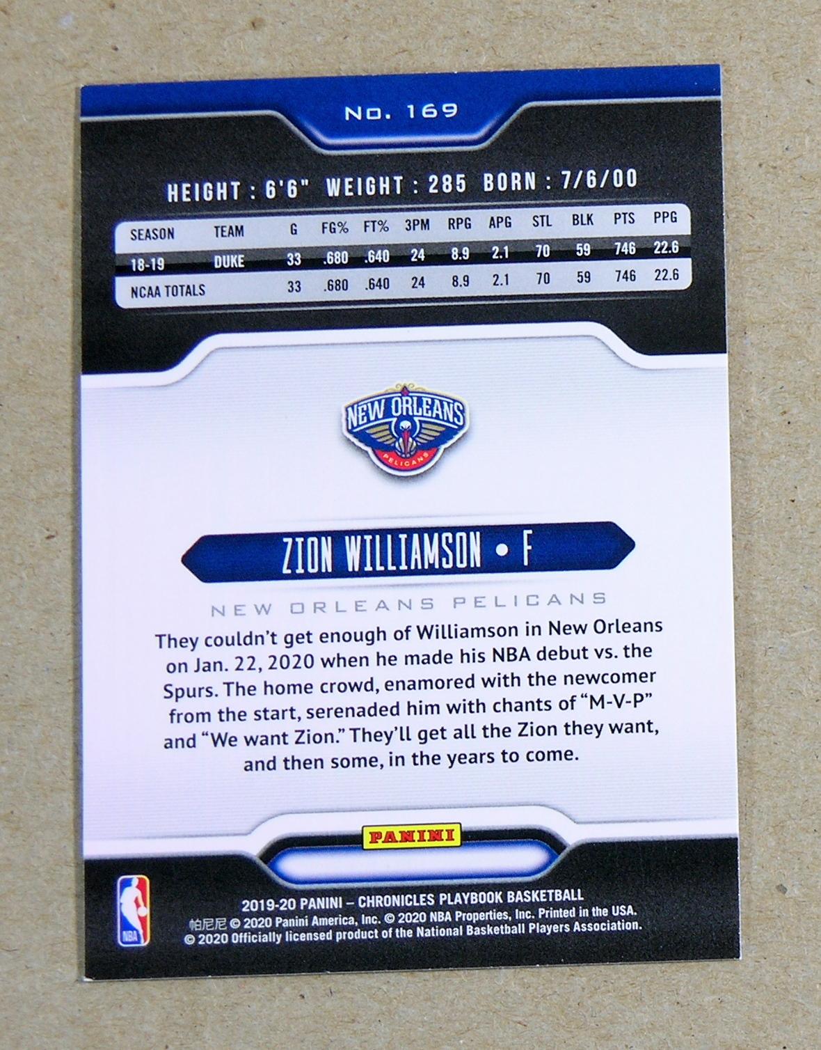 2019-20 Panini Playbook ROOKIE Basketball Card #169 Rookie Zion Williamson