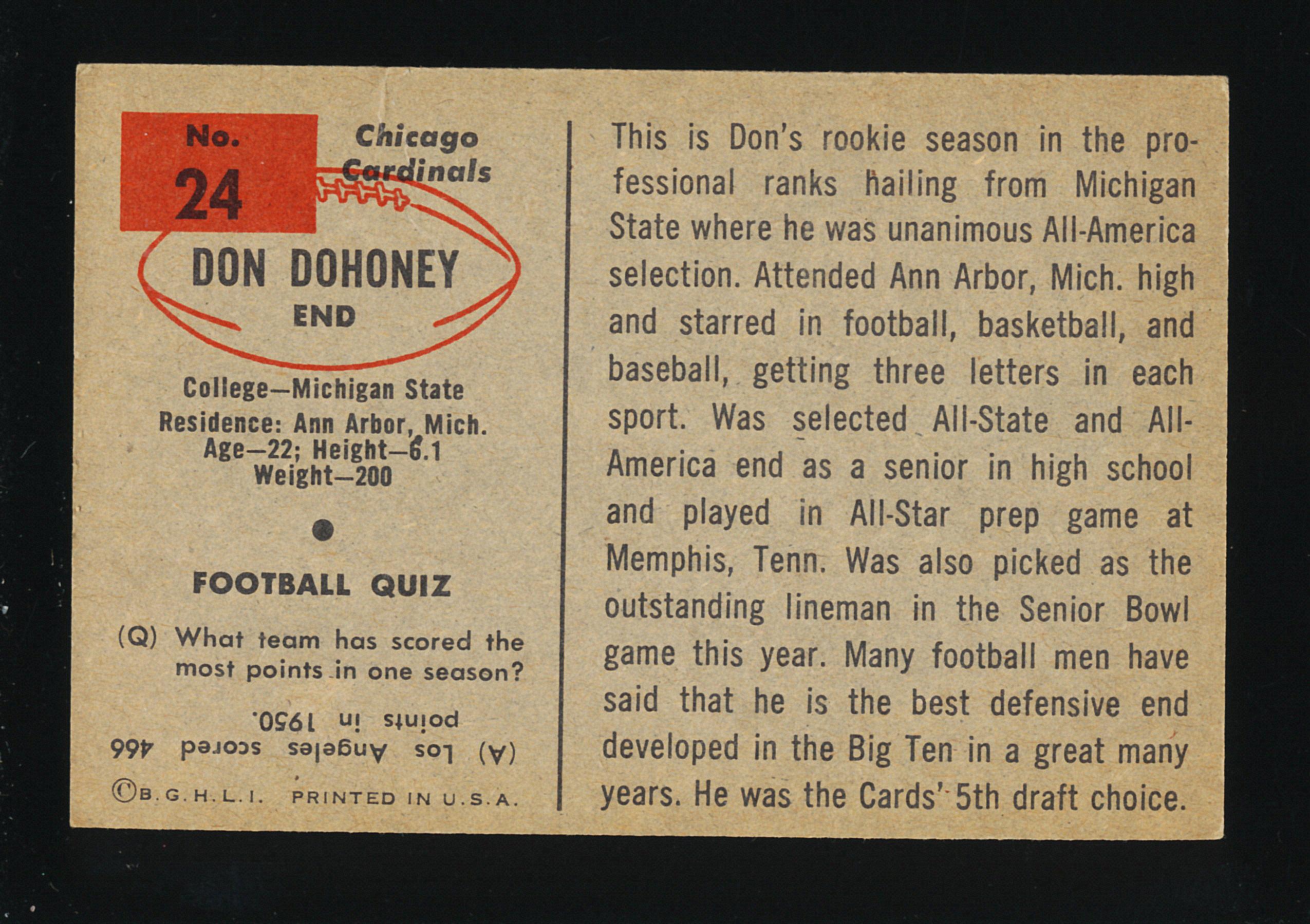 1954 Bowman Football Card #24 Don Dohoney Chicago Cardinals